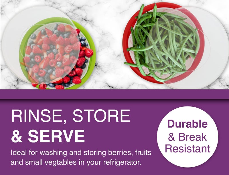 Arrow Home Products Berry Bowl & Berry Colander Set - Fruit Strainer Container with Lid, Rinse Store & Serve - Made in USA, Dishwasher Safe, BPA Free, 1 Quart, Assorted Colors (Either Red or Green) - Image 4